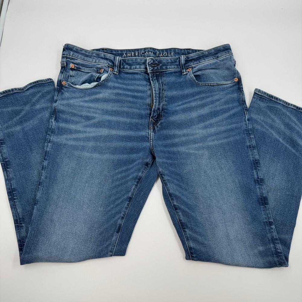 American Eagle Airflex+ Slim Straight Jeans‎ Men 38x32 Medium Wash Broken Zipper